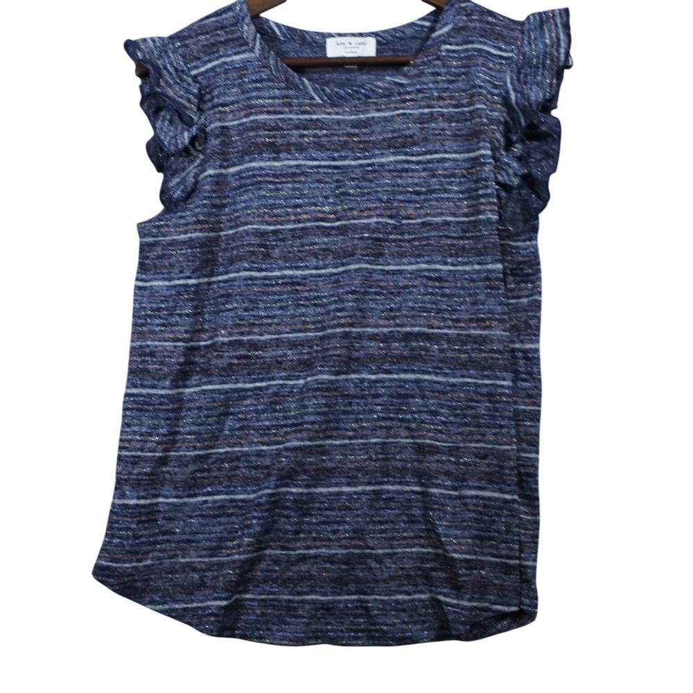 Kim & Cami Womens M Blue Metallic Ruffle Sleeve Top